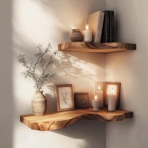 Natural Wood Corner Floating Shelf: Japandi Rustic Decor, Set of 2