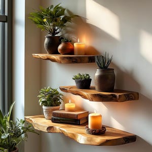 Live Edge Floating Shelf: Solid Wood Corner Bookshelf, Nature Inspired Decor