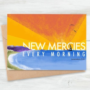 Neue Merries-Karte | Sonnenaufgang christliche Karte | Wehklagen 3,23 | Ermutigungs-Schrift-Karte | Glaubensgruß | Bibelvers
