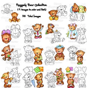 VENTA Mitad Precio Raggedy Oso Paquete Digital Sello / Página para colorear y Versiones pintadas a mano - 38 imágenes creadas a mano, En registrando colorear +