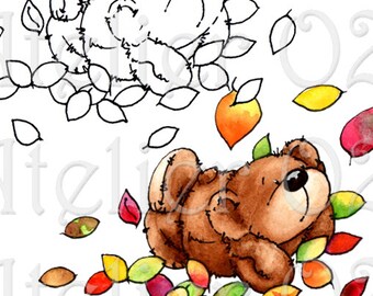 Falling Leaves Bear Digital Stamp & Painted Image Journaling Stamping Coloring Scrapbooking Card Making