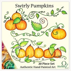 May include: A digital illustration titled Swirly Pumpkins featuring orange pumpkins with green leaves and swirling vines. The set includes 20 pieces of hand-painted art. The text reads Swirly Pumpkins, 20 Piece Set, Authentic Hand-Painted Art, and Atelier OZ.