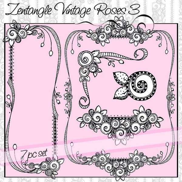 Zentangle Inspired Vintage Roses 3 Digital Stamp Set - Personal and Limited Commercial Use