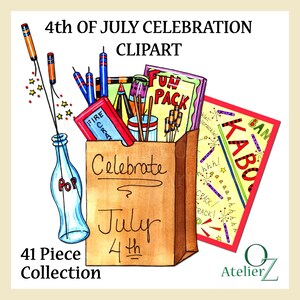 Pode incluir: Ilustração em aquarela para o 4 de julho. Apresenta um saco de papel castanho cheio de fogos de artifício, uma garrafa com "POP" e um cartão que diz "KABOOM". O texto diz "4th of July Celebration Clipart" e "41 Piece Collection".