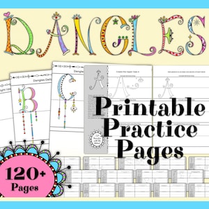 Könnte beinhalten: Eine Sammlung von druckbaren Übungsseiten mit dem Wort "DANGLES" in farbenfrohen, dekorativen Buchstaben. Die Seiten enthalten Anweisungen und Beispiele für die Erstellung von Großbuchstaben. Ein rosa Kreis mit dem Text "120+ Seiten" ist ebenfalls sichtbar.