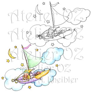 Peut inclure: Une illustration numérique représentant deux voiliers flottant sur des nuages. Un bateau est un dessin au trait noir et blanc, tandis que l'autre est coloré avec une voile verte, une coque violette et des accents jaunes. Les deux portent des animaux.