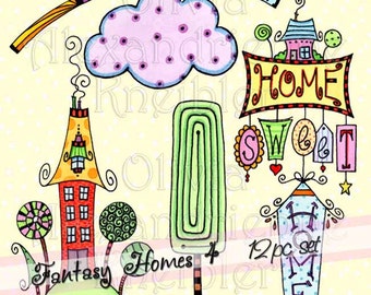 Fantasy Homes 4 Downloadable Clip Art - Personal and Ltd Commercial Use, Great for Journaling, Stickers, Cards, Scrapbooks, Crafts