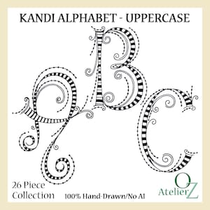May include: A black and white graphic featuring the text KANDI ALPHABET - UPPERCASE, 26 Piece Collection, 100% Hand-Drawn/No AI, and Atelier Oz. The image displays three large, ornate, hand-drawn letters A, B, and C with striped and dotted details.