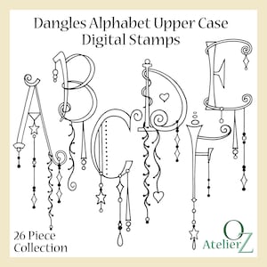 May include: A digital stamp set titled Dangles Alphabet Upper Case featuring the letters A through F in black line art. Each letter is decorated with hanging charms including stars, hearts, and geometric shapes. The text 26 Piece Collection and Atelier Oz are visible.