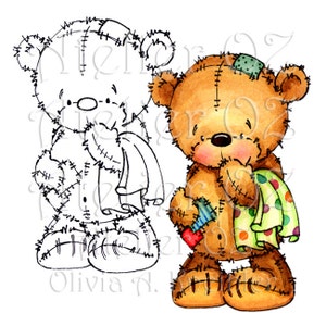 Mi manta y yo Raggedy oso sello digital y la versión pintada a mano - coloración personal y comercial, diario, scrapbooking, tarjetas