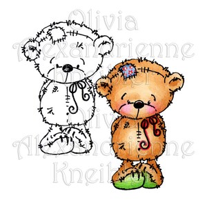 Op de afbeelding: Twee teddyberen, een witte en een bruine, met gestikte details en een rood lint om hun nek. De bruine beer heeft een blauw en rood plekje op zijn hoofd.