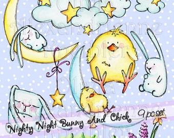 Nighty Night Bunny and Chick Downloadable Clip Art - Personal and Ltd Commercial Use - Great for Crafts Cards Journaling Scrapbooking Kids