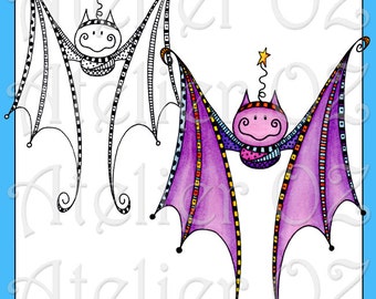 Zentangle Halloween Bat Digital Stamp and matching Clip Art - Personal and Limited Commercial Use