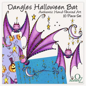 May include: A 10-piece set of hand-painted art titled Dangles Halloween Bat, featuring purple bats with black and white patterned wings, yellow stars, and crescent moons. The design includes a light purple background with pumpkins and candy corn.