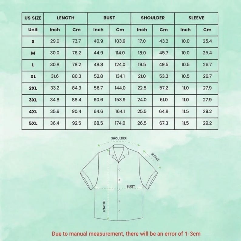Puede incluir: Una tabla de tallas para una camisa de manga corta, que muestra las medidas en pulgadas y cent&iacute;metros para las tallas S a 5XL. La tabla incluye columnas para largo, busto, hombro y manga, con un diagrama que ilustra estos puntos.