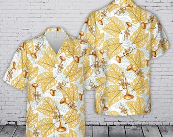 Camisa hawaiana con trompeta, camisa retro con botones estilo Aloha con instrumentos musicales, camisa con estampado de música jazz, regalo para músicos y bandas, camisa de playa de verano.