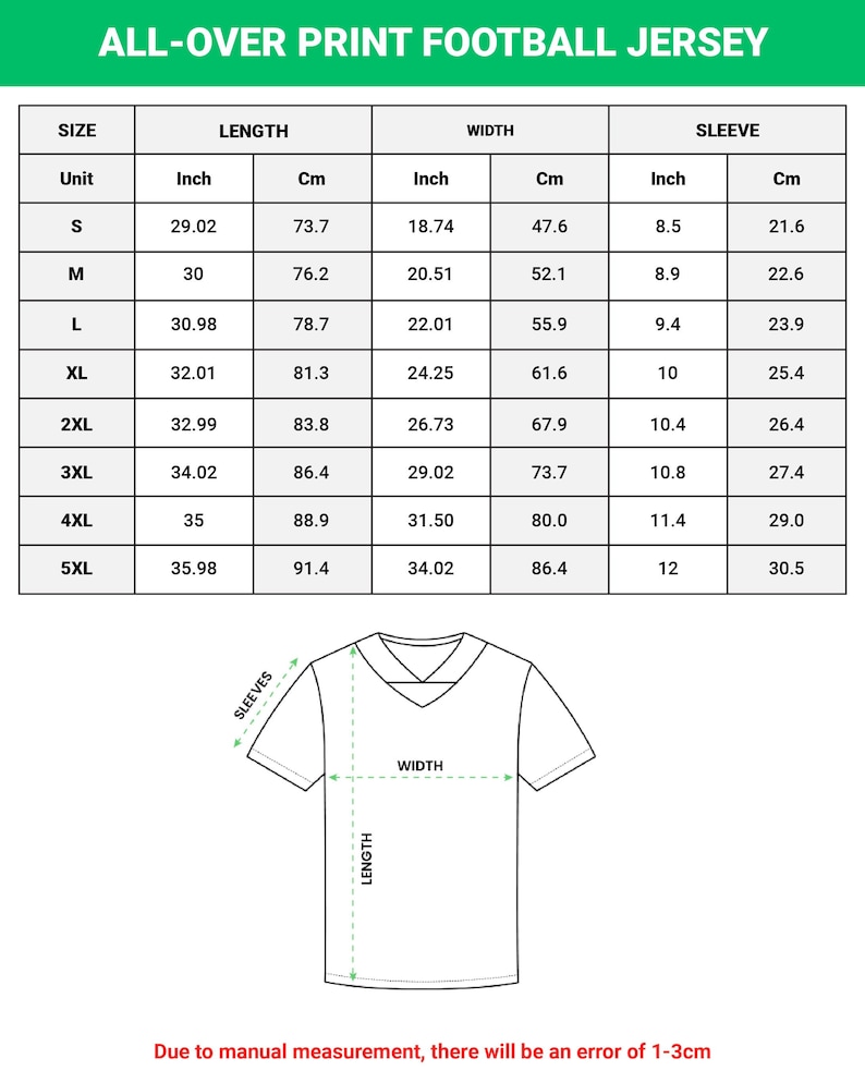 May include: A football jersey size chart with measurements in inches and centimetres. The chart includes sizes S to 5XL, detailing length, width, and sleeve dimensions. A diagram of the jersey is also shown. The text at the bottom says, "Due to manual measurement, there will be an error of 1-3cm."