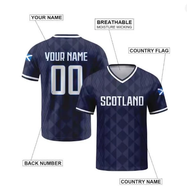 May include: A dark blue V-neck jersey with a geometric diamond pattern, white trim on the sleeves and collar, and the text SCOTLAND on the front. The back features the text YOUR NAME and the number 00, with a small Scottish flag on the sleeve.