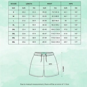 Puede incluir: Una tabla de tallas para pantalones cortos con columnas para talla estadounidense, longitud, cintura y caderas en pulgadas y cent&iacute;metros. Debajo de la tabla hay un dibujo lineal de pantalones cortos con etiquetas para cintura, caderas y longitud.
