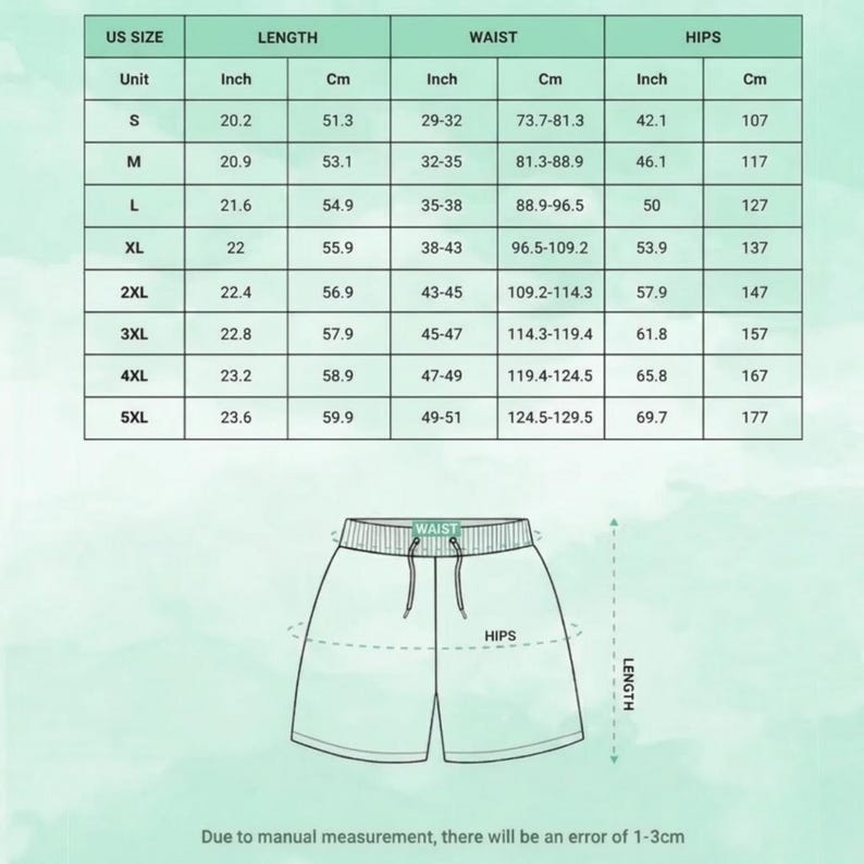 Puede incluir: Una tabla de tallas para pantalones cortos con columnas para talla estadounidense, longitud, cintura y caderas en pulgadas y cent&iacute;metros. Debajo de la tabla hay un dibujo lineal de pantalones cortos con etiquetas para cintura, caderas y longitud.