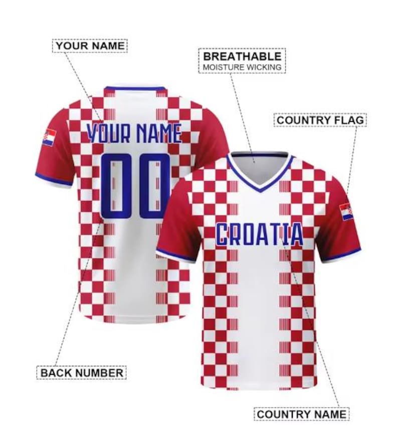 May include: Two Croatia football shirts. The front shirt has the word "CROATIA" in blue. The shirts are white and red checkered with blue accents. The back shirt has the text "YOUR NAME" and the number "00". The shirts are labeled "BREATHABLE MOISTURE WICKING".