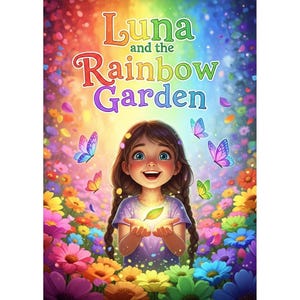 May include: A colorful illustration for a children's book titled "Luna and the Rainbow Garden." It features a smiling girl with brown braids, surrounded by flowers and butterflies. The background is a vibrant rainbow.