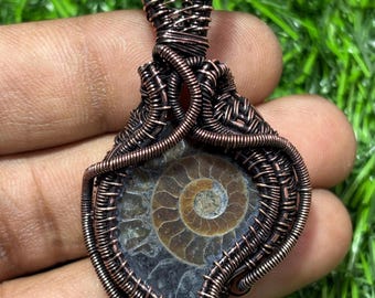 Handmade Ammonite Fossil Pendant, Copper Wire Wrapped Necklace, Natural Spiral Stone Jewelry