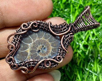 Handcrafted Ammonite Fossil Pendant, Antique Copper Wire Wrap, Boho Statement Necklace