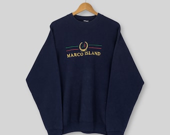 Vintage 90s Marco Island Blue Sweatshirt XLarge Marco Island Florida Embroidered Logo Crewneck Marco Island Jumper Marco Island Sweater XL