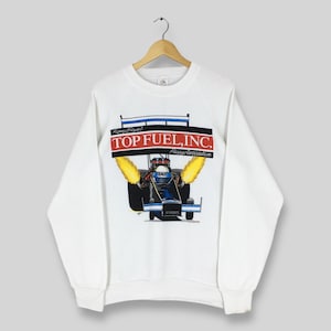 Vintage 80-tals Kenny Bayer Top Fuel Racing-tröja, stor Bayers Top Fuel Dragster Racing Car Crewneck Nascar Racing vit tröja storlek L