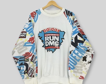 RARE Vintage Adidas Run DMC Hollis Crew Sweatshirt Large 1985 Adidas Rapper Hip Hop Album Jumper Adidas Trefoil All Over Printed Crewneck L
