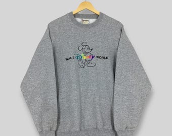 Vintage Mickey Mouse Walt Disney Sweatshirt XLarge Mickey Mouse Embroidered Graphics Crewneck Mickey Mouse Cartoon Gray Sweater Size XL