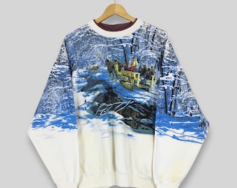 Vintage 90s Art Unlimited Deer Hunting Sweatshirt XLarge Aesthetic Preppy Habitat Printed Snow Sweater Winter Forest Deer Animal Crewneck XL