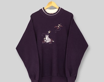 Vintage 90s Cute Cat Kitten Sweatshirt Women Oversize Top Stitch Cat Kitten Graphics Kitsch Sweater Cat Lover Jumper Pet Crewneck Size 3X