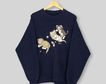 Vintage 90s Cute Cat Kitten Blue Sweatshirt Medium Kitten Play Bell Ball Novelty Print Kitsch Sweater Cat Lover Jumper Pet Crewneck Size M