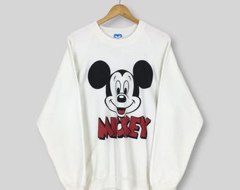 Vintage 80s Mickey Mouse Disney Sweatshirt Large Mickey Mouse Face Walt Disney Printed Crewneck Mickey Mouse Cartoon White Sweater Size L