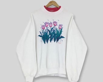 Vintage 90s Morning Sun Anderson Tulip Flower Sweatshirt Large Floral Cottagecore Crewneck Pink Flowers Puff Paint Grandma Sweater Size L