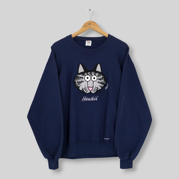 Vintage 90s B Kliban Cat Hawaii Sweatshirt Small Crazy Shirts Kliban Cats Cute Face Hawaii Embroidered Sweater B. Kliban Cat Crewneck Size S