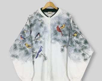 Vintage Artisans Snowbirds Cardinal Button Sweatshirt XXLarge Aesthetic Preppy Habitat Prints Snow Sweater Winter Cardinal Bird Jumper XXL