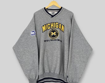 May include: A grey sweatshirt with a V-neck and the word "MICHIGAN" in yellow block letters. Below the word "MICHIGAN" is a circular emblem with the letter "M" and the words "ANN ARBOR MICHIGAN WOLVERINES". The sweatshirt has a "Big Ten Conference" patch on the left sleeve.