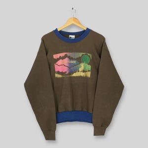 May include: Brown sweatshirt with a blue collar and cuffs. The front features a colorful graphic of a mountain landscape with the word "Tennessee" in pink. The sweatshirt is hanging on a wooden hanger.