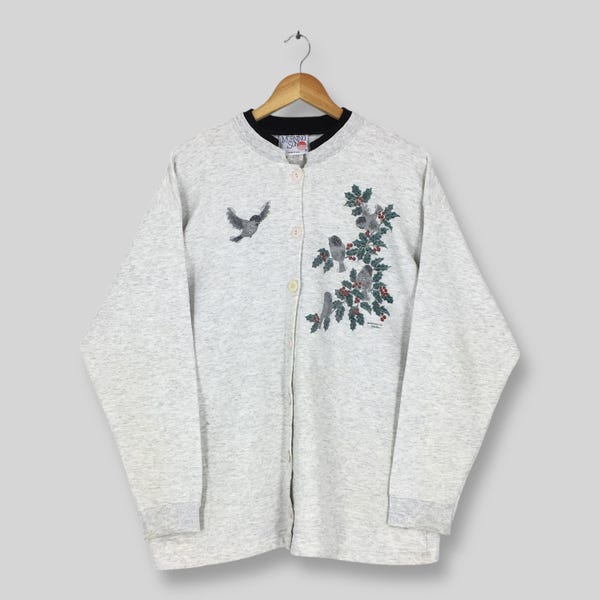 Sudadera vintage de los 90 Morning Sun Whitton Birds Habitat XL, estilo preppy, jersey con estampado animal, colibríes y flores, suéter con botones XL