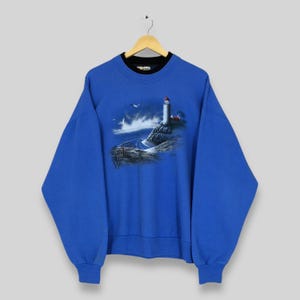 Vintage 90s Morning Sun American Lighthouse Sweatshirt XLarge Lighthouse United States Graphic Sweater Seaside View Art Blue Jumper Size XL