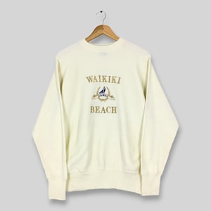 Vintage jaren 90 Waikiki Beach Verenigde Staten Sweatshirt medium Waikiki Beach geborduurde ronde hals Hawaii Surf trui Waikiki wit zand trui M
