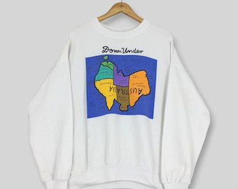 Vintage 90s Ken Done Down Under Sweatshirt Medium Ken Done Australia Map Pop Art Sweater Ken Done Artwork Jumper Down Under White Crewneck M