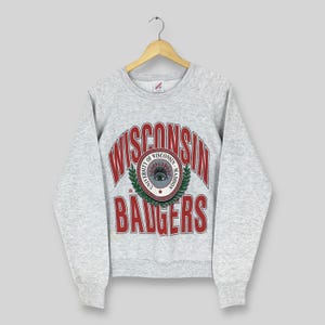 May include: A heather gray sweatshirt with the words "WISCONSIN BADGERS" in red block letters. The sweatshirt features a circular emblem with the words "UNIVERSITY OF WISCONSIN MADISON" and a graphic of an eye.
