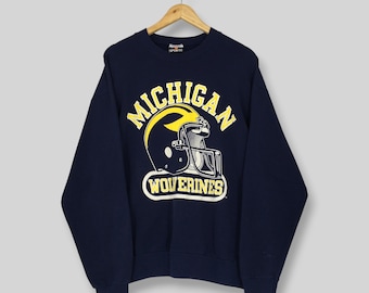 Vintage 90s Michigan Wolverines NCAA Sweatshirt XLarge Michigan Wolverines Football Spell Out Sweater University of Michigan Blue Jumper XL