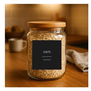 Sjabloon minimalistische voorraadkast graanetiketten: 75 voorgevuld, 10 blanco (pdf, png, canva-bewerkingslink)