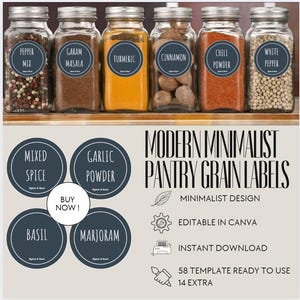 Modern Minimalist Spice Jar Labels Template | DIY Kitchen, Herbs & Seasoning Label Set | Printable Pantry Organization Boho Grafite Round 2&#39;