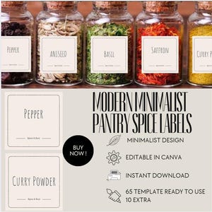 Modern Minimalist Spice Jar Labels Template | DIY Kitchen, Herbs & Seasoning Label Set | Printable Pantry Organization Boho 1.25, 1.5, 3.15